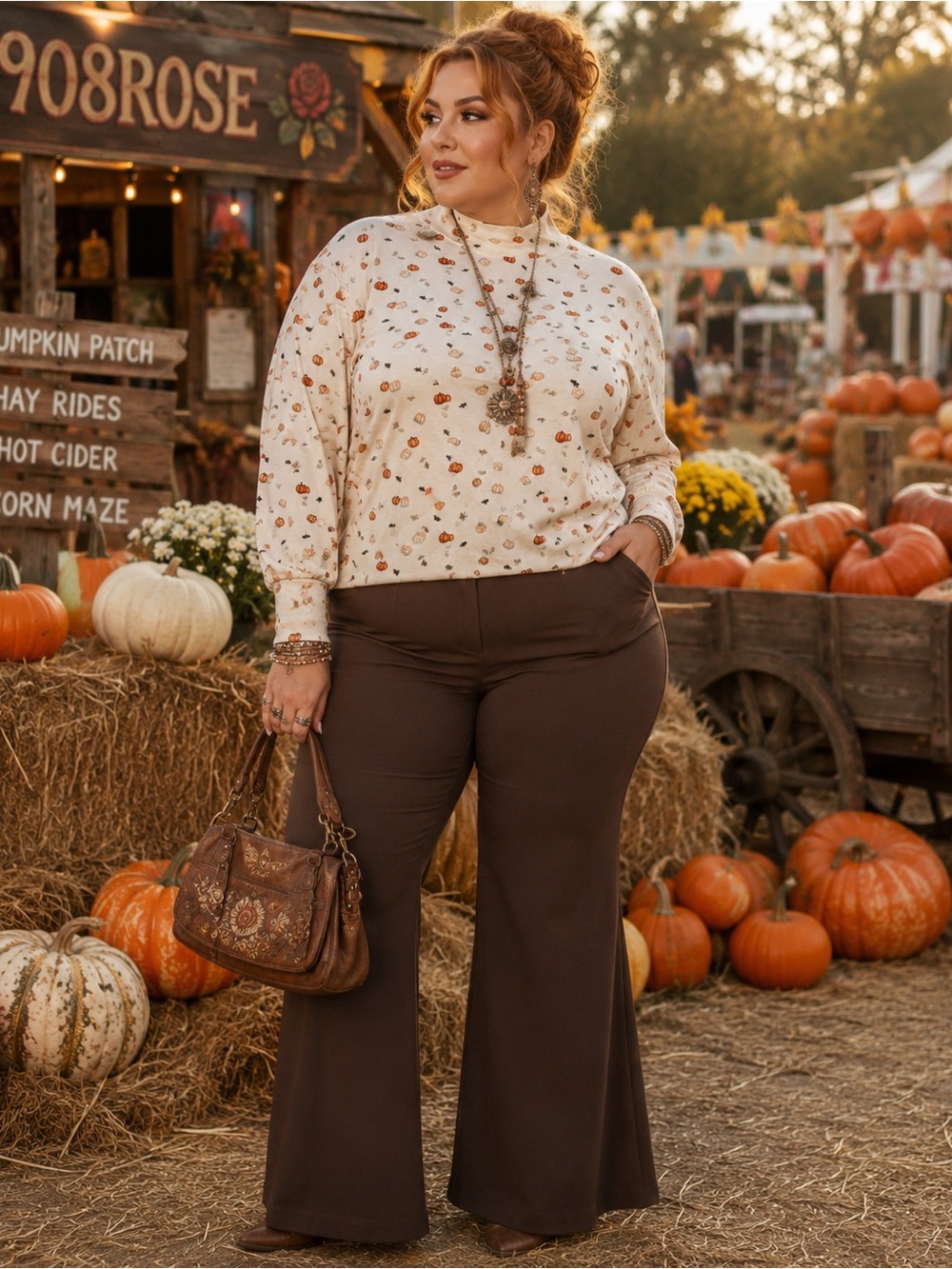Croft & Barrow Woman Pumpkin Print Mock Neck Top Size 3X